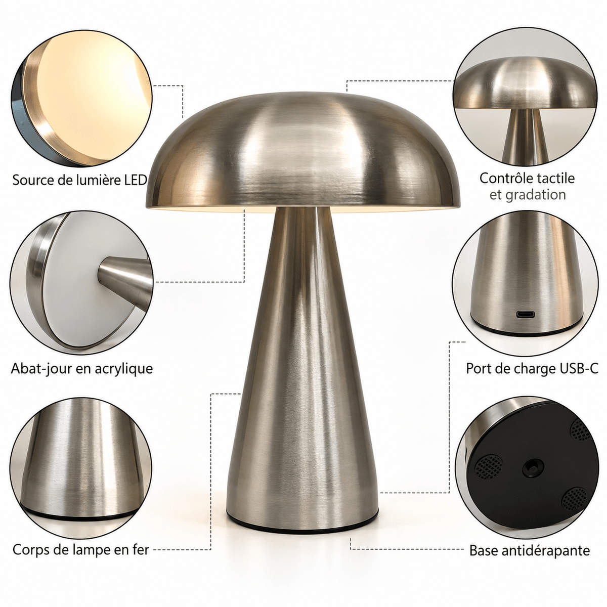 Lampe Champignon Métal Argent - Maison Du Design