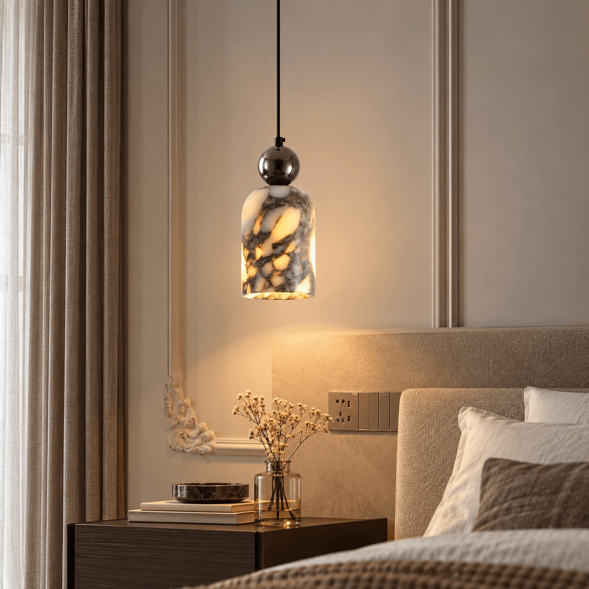 Suspension Luminaire Cloche Marbre Blanc Veiné Noir - Maison Du Design