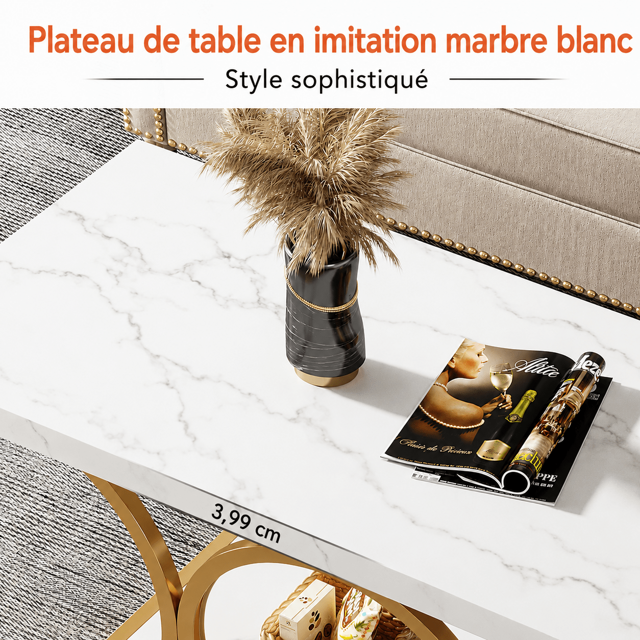 Table Basse Rectangulaire Faux Marbre Blanc Structure Dorée - Maison Du Design