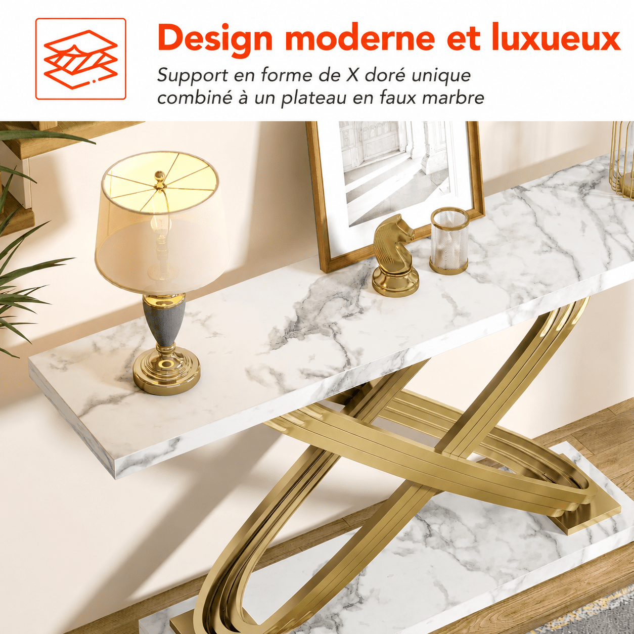 Table Console Faux Marbre Blanc & Orc - Maison Du Design