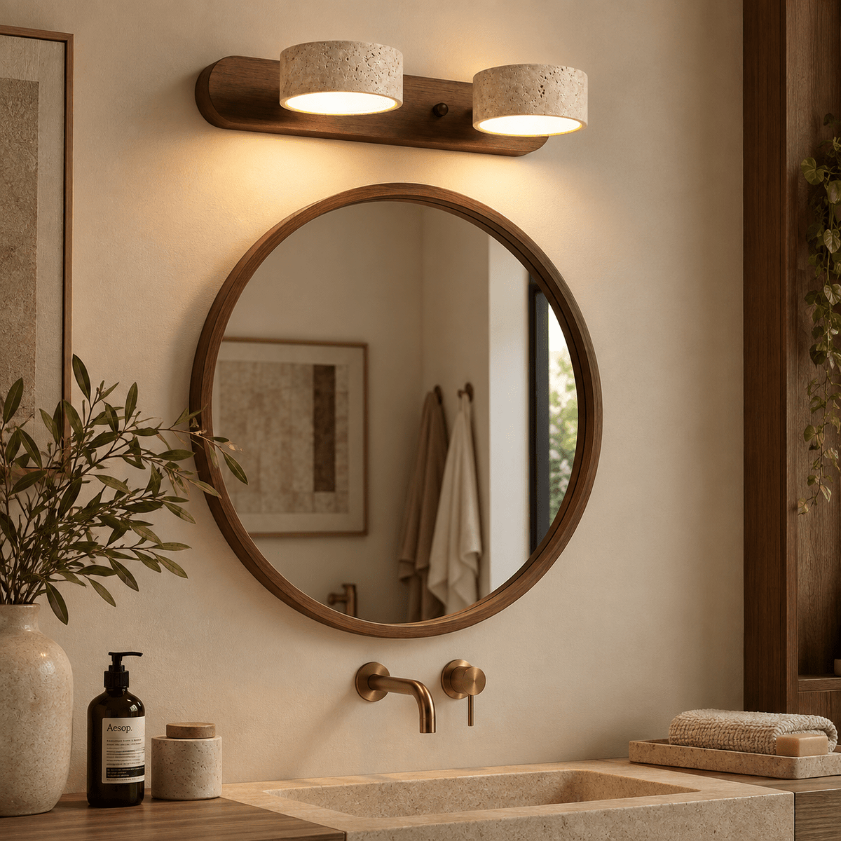 Applique Murale Double Spot Bois Foncé & Travertin - Maison Du Design