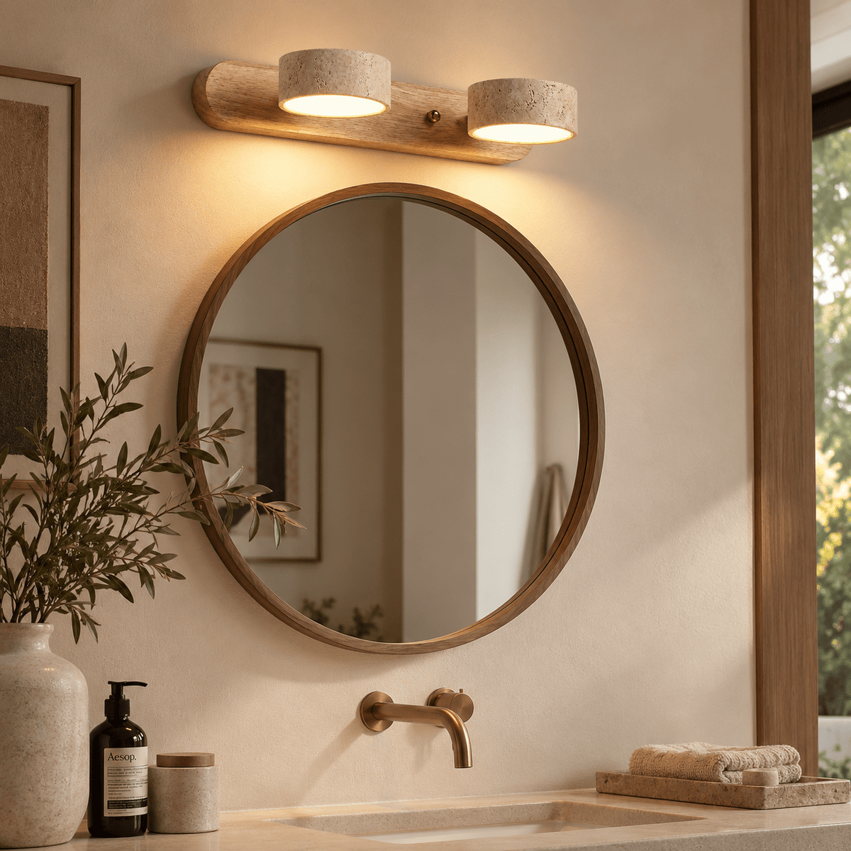 Applique Murale Double Spot Bois & Travertin - Maison Du Design