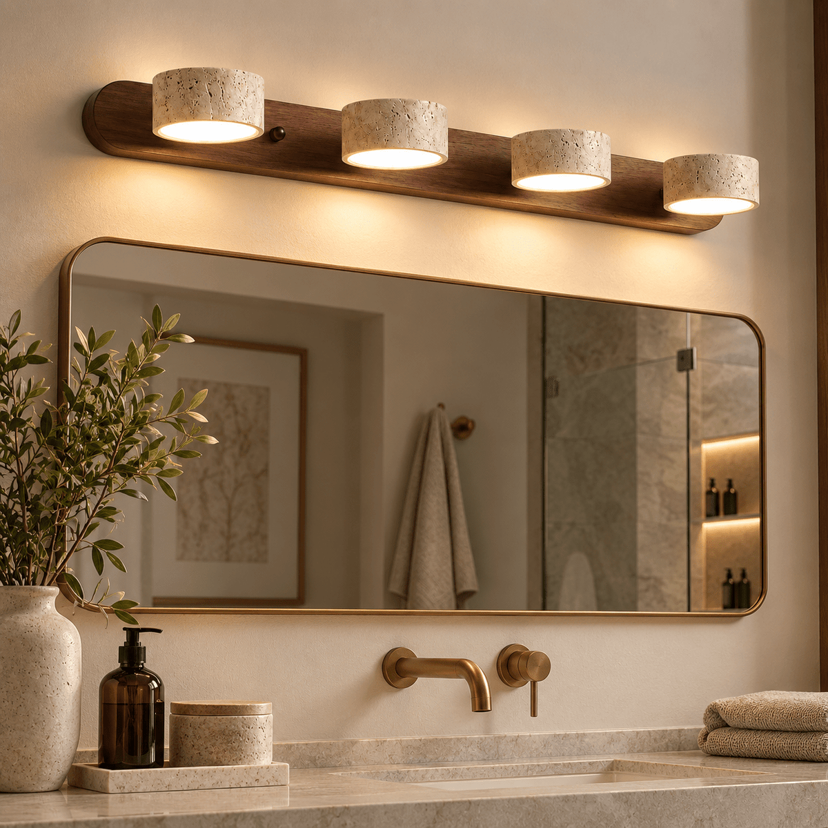 Applique Murale Quadruple Spot Bois Foncé & Travertin - Maison Du Design