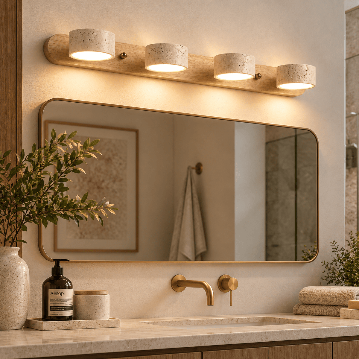Applique Murale Quadruple Spot Bois & Travertin - Maison Du Design