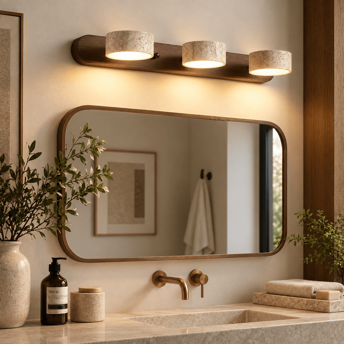 Applique Murale Triple Spot Bois Foncé & Travertin - Maison Du Design