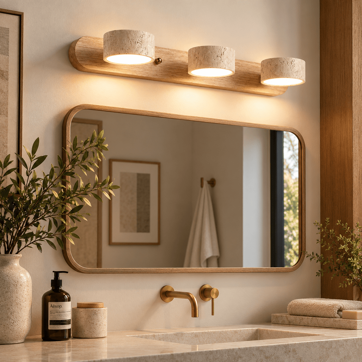 Applique Murale Triple Spot Bois & Travertin - Maison Du Design
