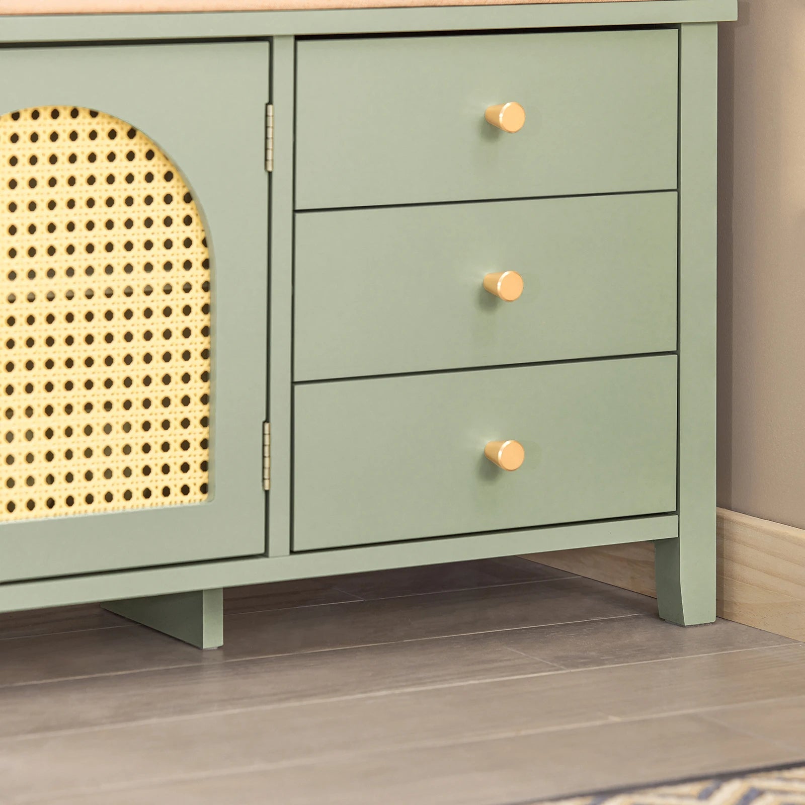 Banc d'Entrée Vert Sauge en Cannage Rotin - Maison Du Design