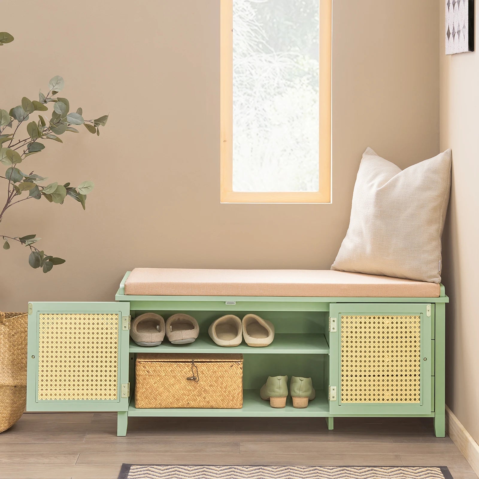 Banc d'Entrée Vert Sauge en Cannage Rotin - Maison Du Design