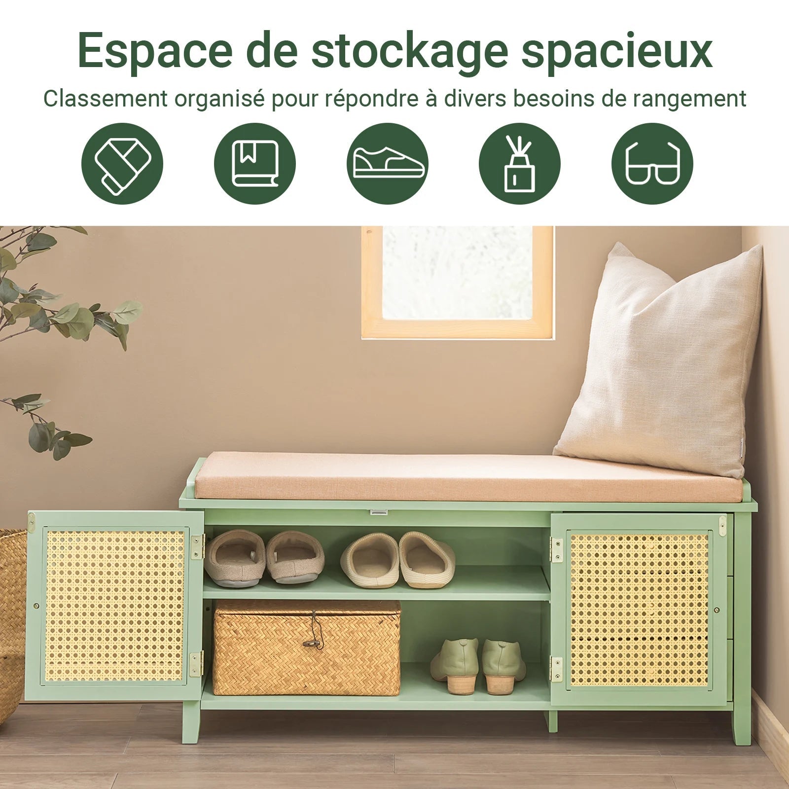 Banc d'Entrée Vert Sauge en Cannage Rotin - Maison Du Design