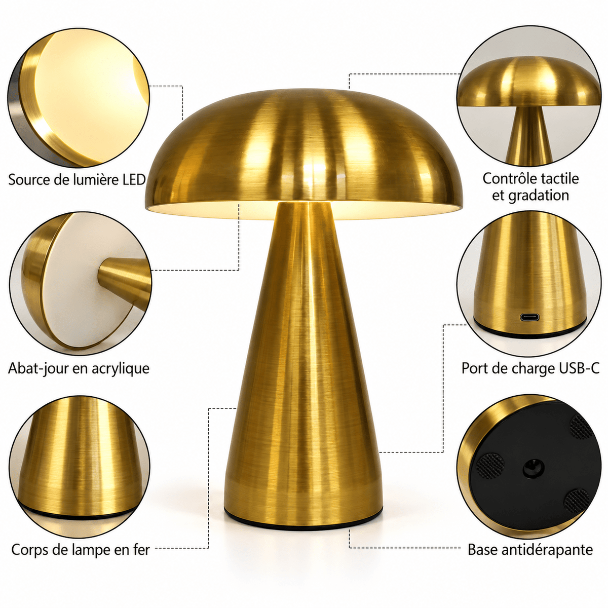 Lampe Champignon Métal Or - Maison Du Design