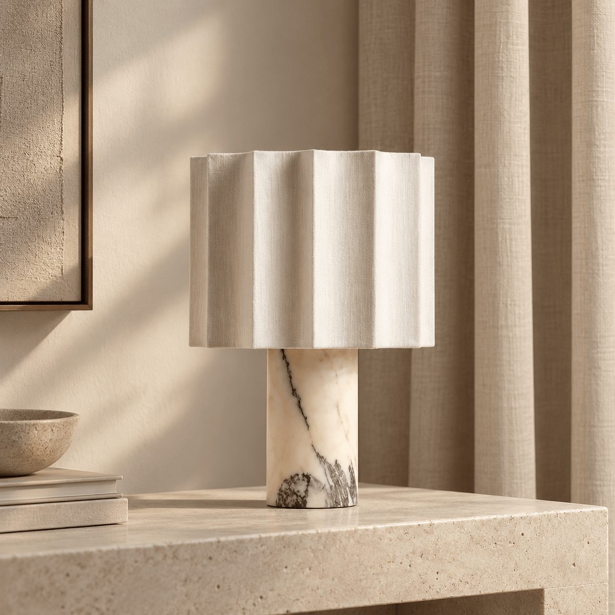 Lampe De Table Marbre Blanc Abat-Jour Plissé - Maison Du Design