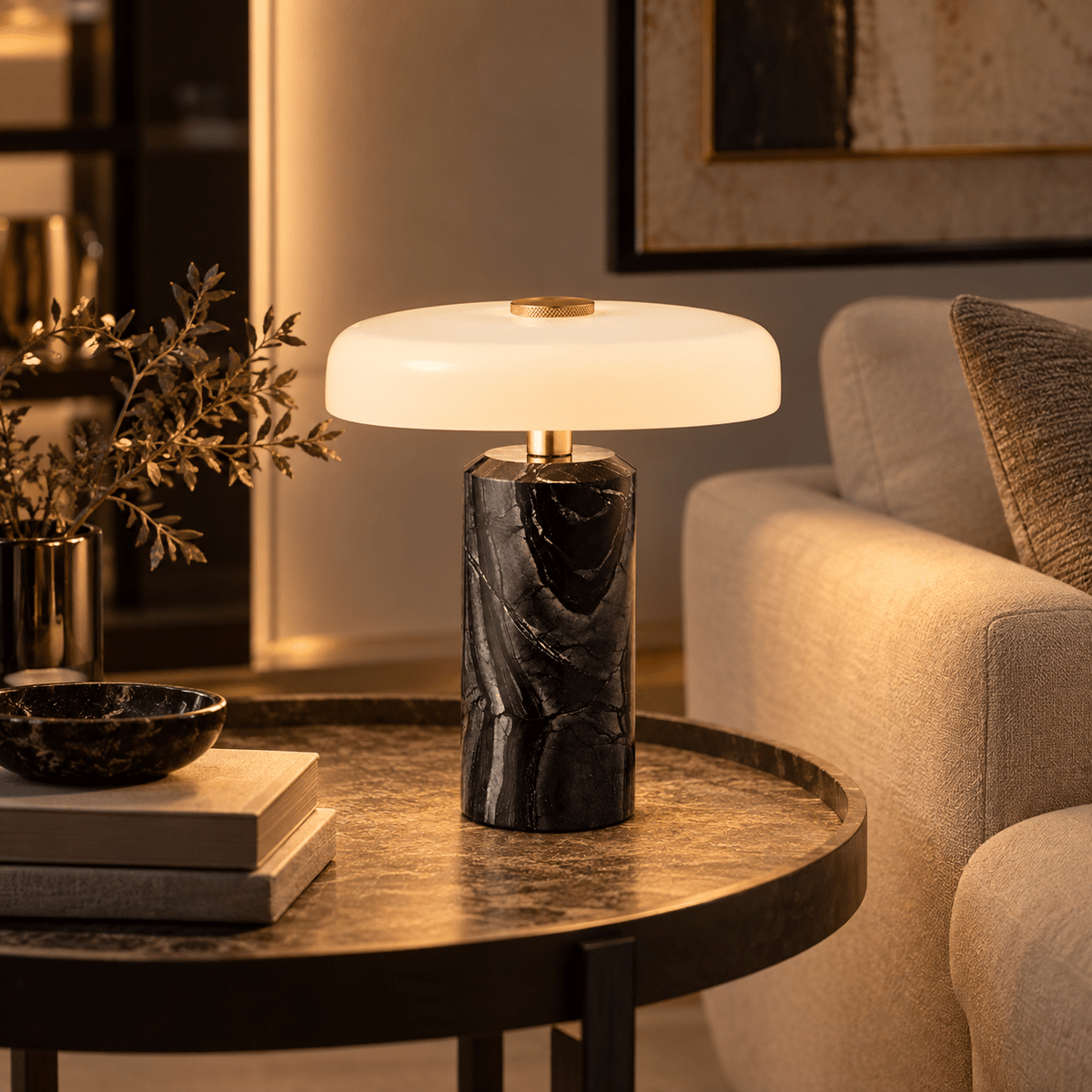 Lampe De Table Marbre Noir Champignon - Maison Du Design
