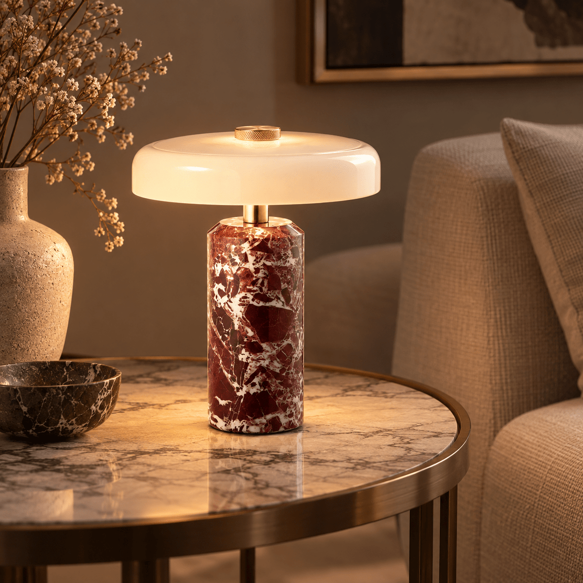 Lampe De Table Marbre Rouge Bordeaux Champignon - Maison Du Design