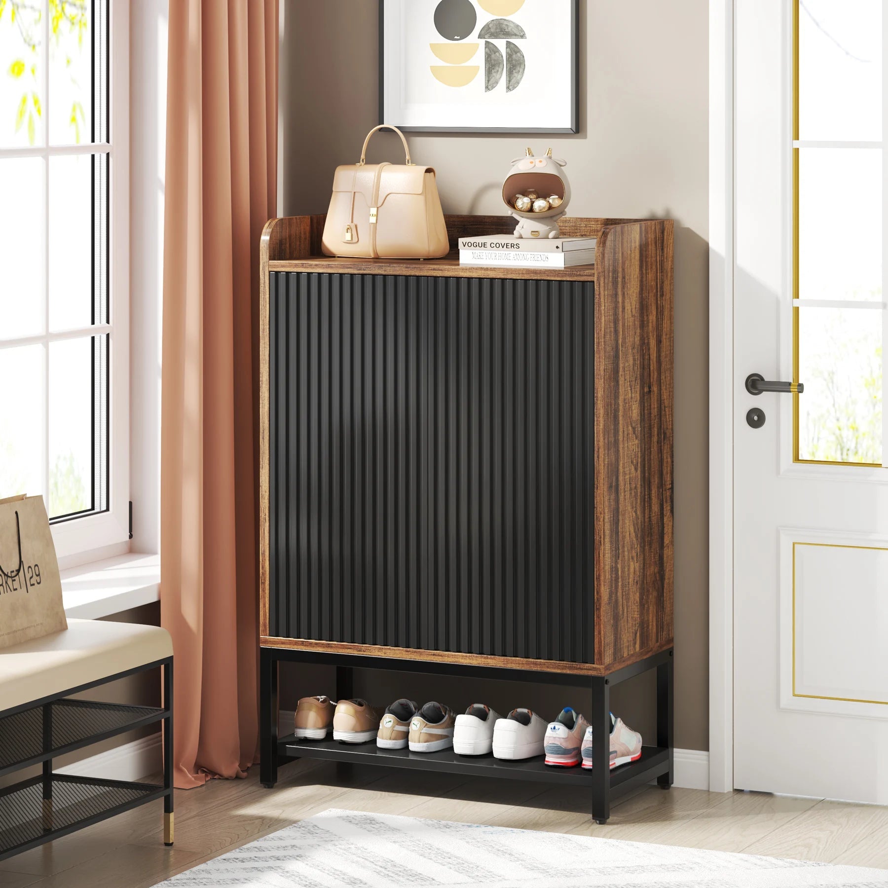 Meuble à Chaussures Bois Foncé Panneau Cannelé Noir - Maison Du Design