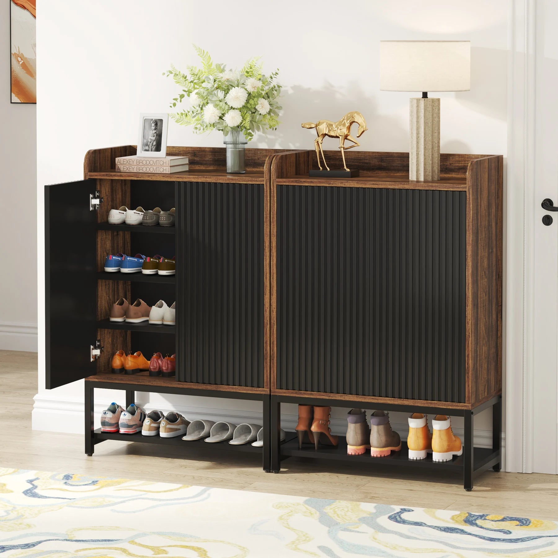 Meuble à Chaussures Bois Foncé Panneau Cannelé Noir - Maison Du Design