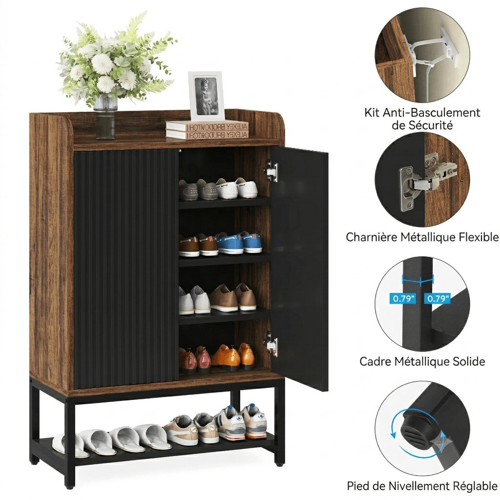 Meuble à Chaussures Bois Foncé Panneau Cannelé Noir - Maison Du Design