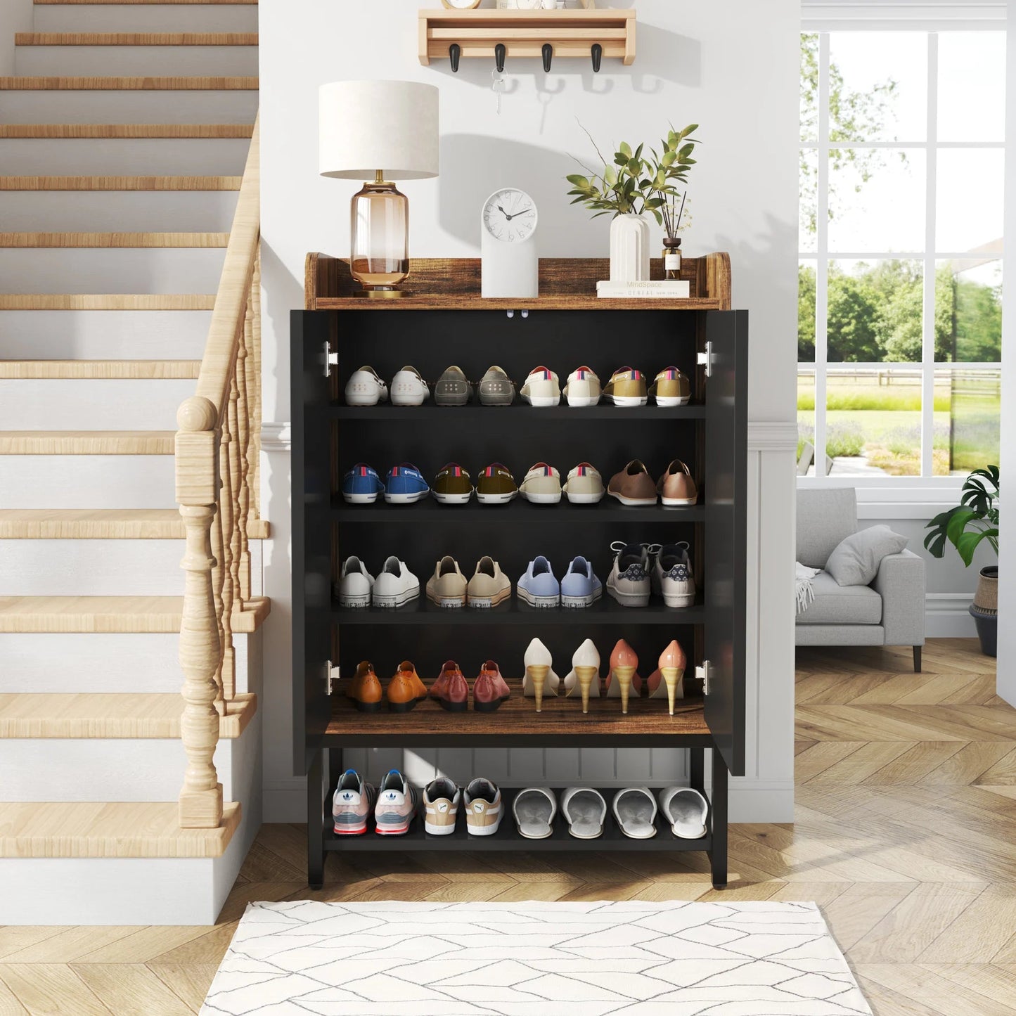 Meuble à Chaussures Bois Foncé Panneau Cannelé Noir - Maison Du Design