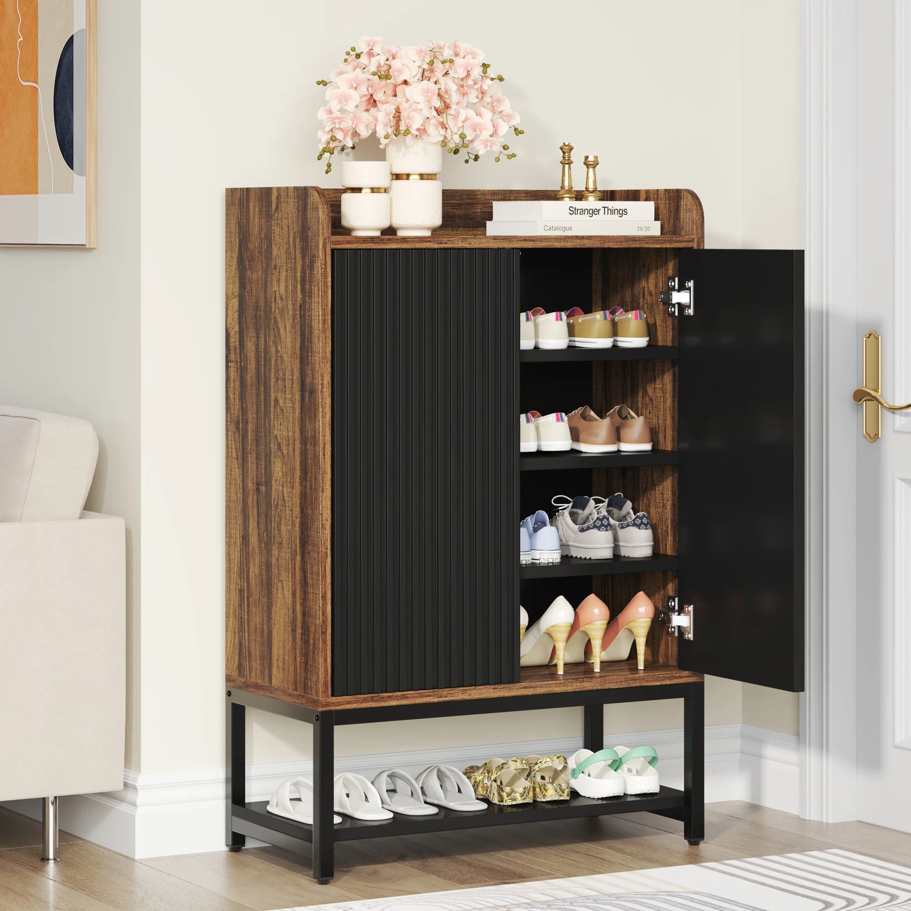 Meuble à Chaussures Bois Foncé Panneau Cannelé Noir - Maison Du Design