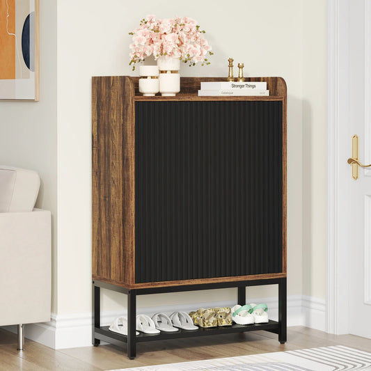 Meuble à Chaussures Bois Foncé Panneau Cannelé Noir - Maison Du Design