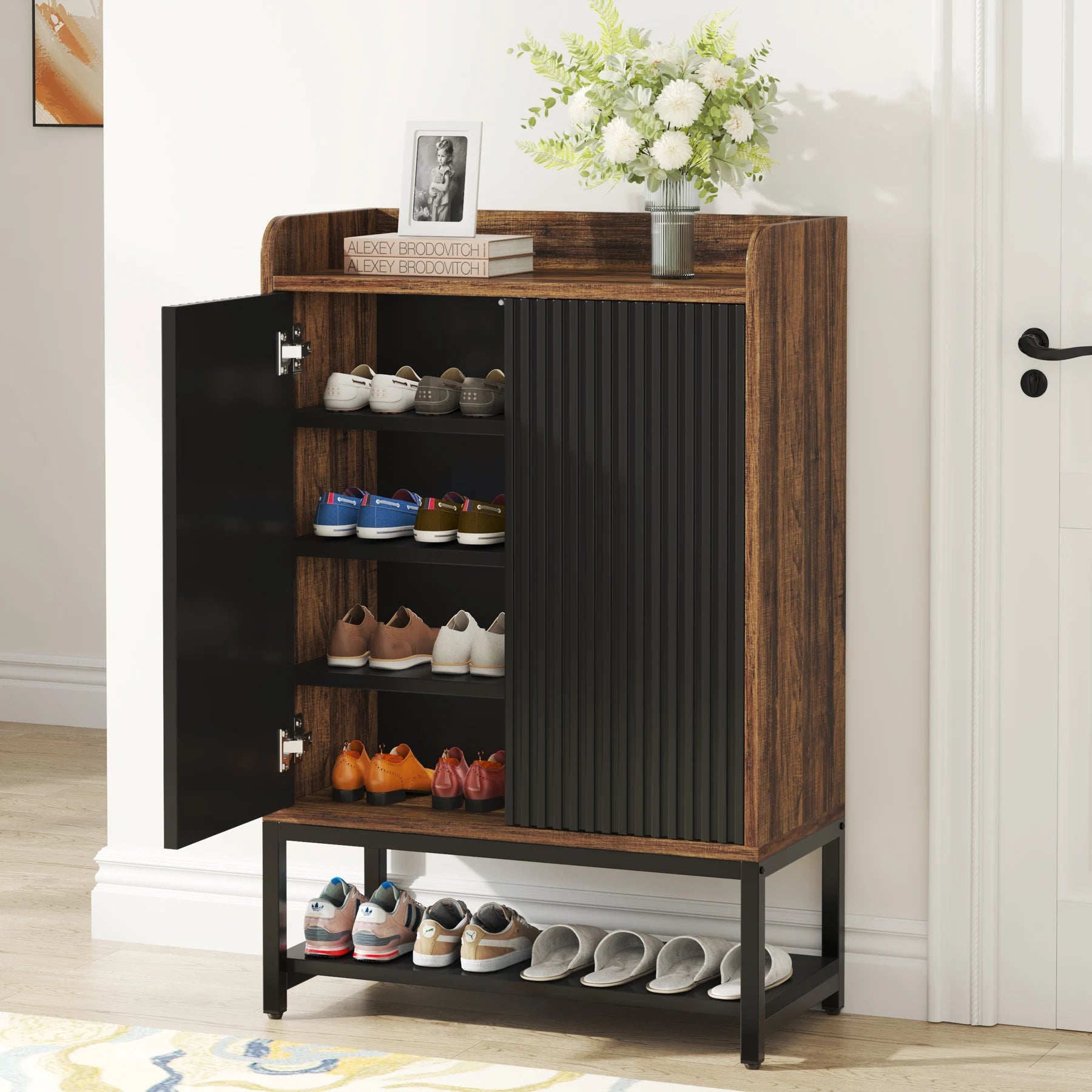 Meuble à Chaussures Bois Foncé Panneau Cannelé Noir - Maison Du Design