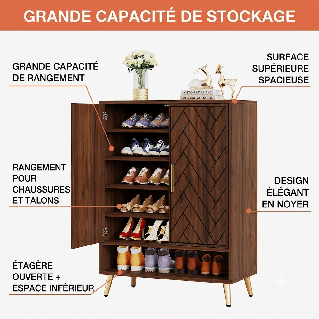 Meuble à Chaussures Bois Noyer Motif Chevrons - Maison Du Design