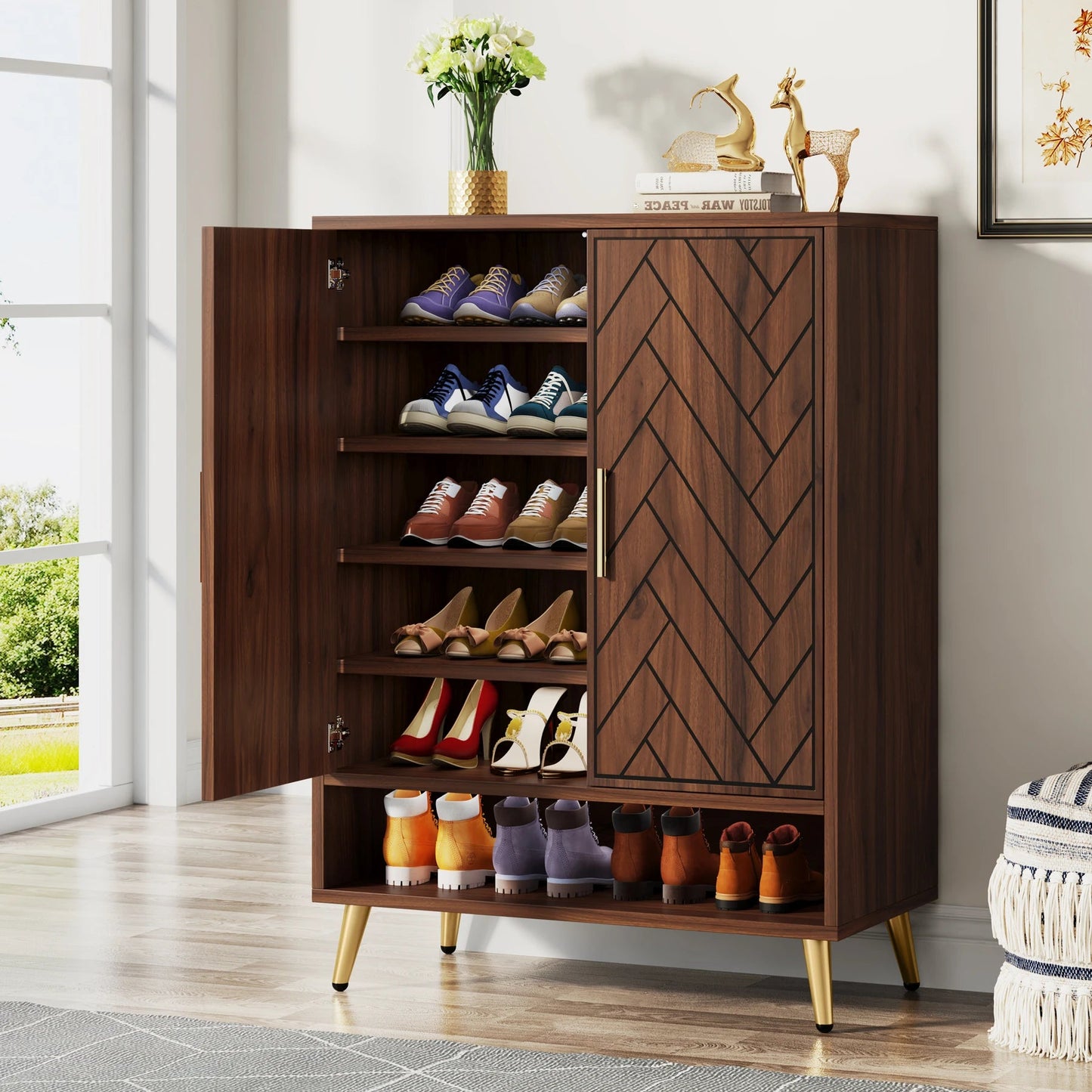 Meuble à Chaussures Bois Noyer Motif Chevrons - Maison Du Design