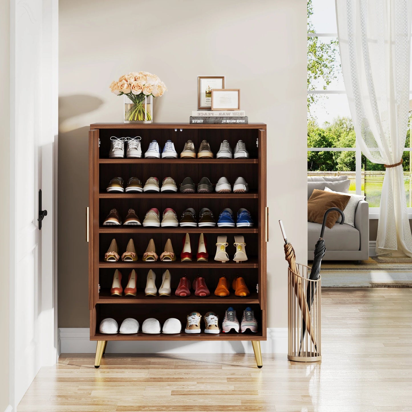 Meuble à Chaussures Bois Noyer Motif Chevrons - Maison Du Design