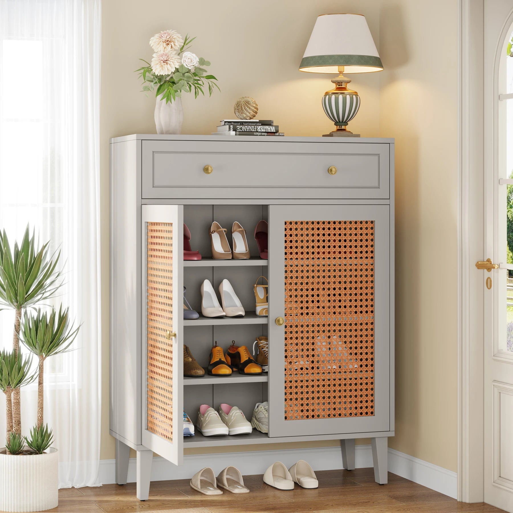 Meuble à Chaussures Gris Cannage Rotin - Maison Du Design