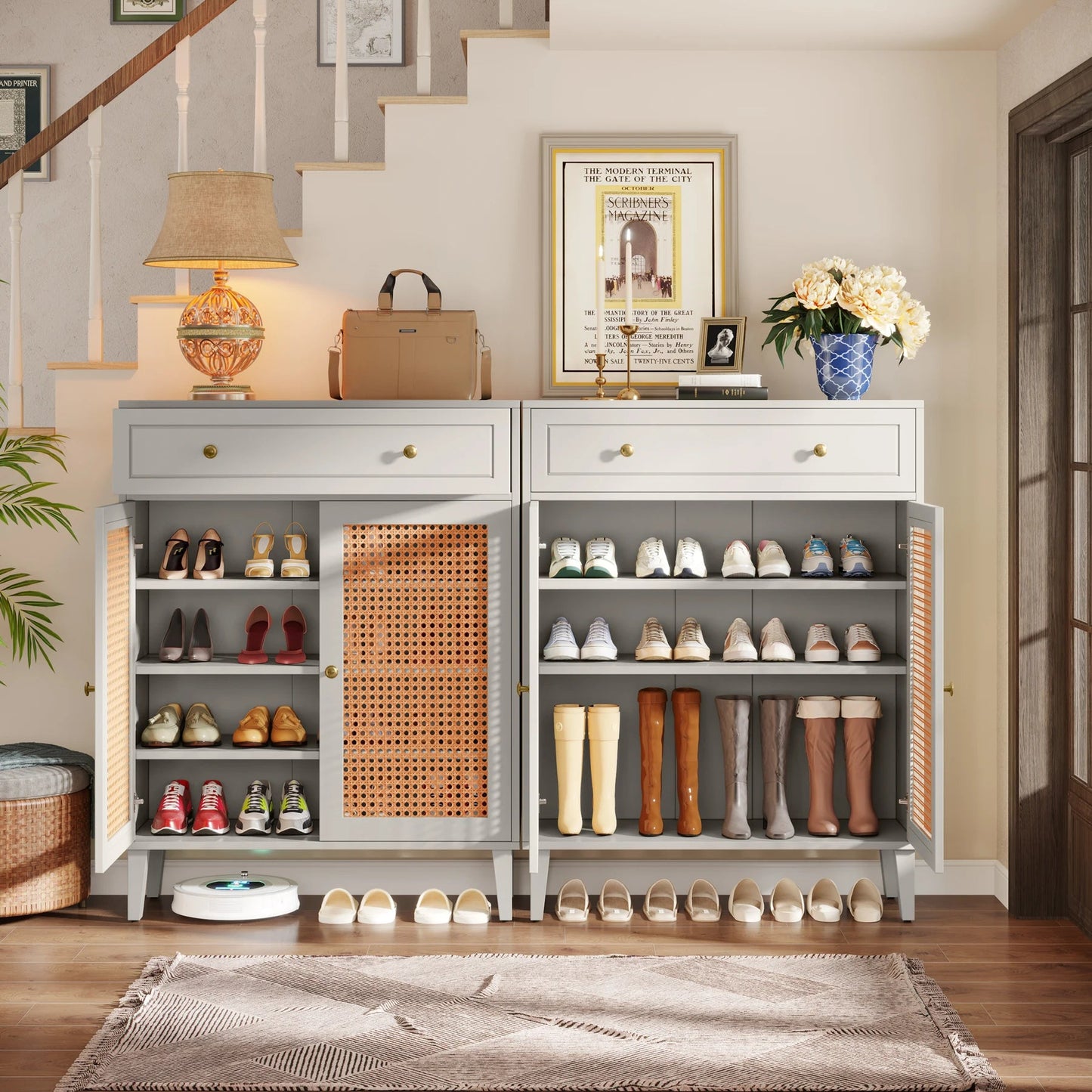 Meuble à Chaussures Gris Cannage Rotin - Maison Du Design