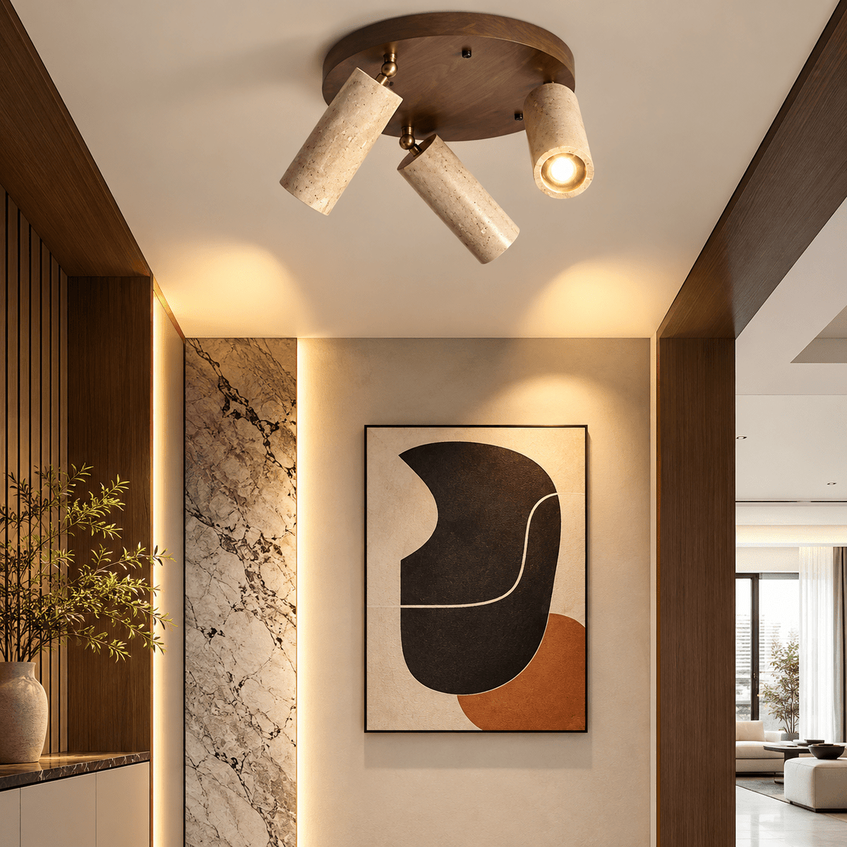 Plafonnier Rond Orientable Travertin & Bois - Maison Du Design
