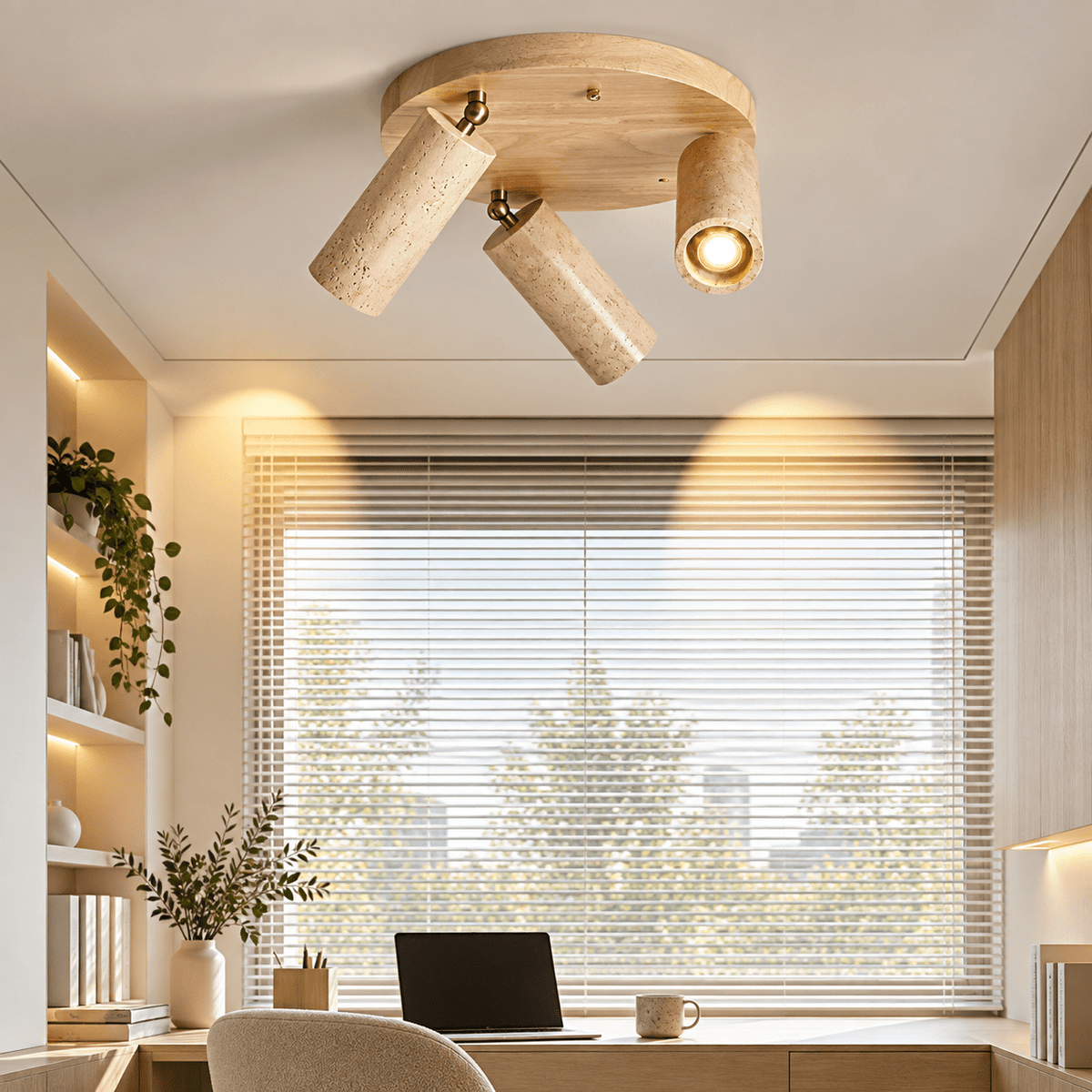 Plafonnier Rond Orientable Travertin & Bois - Maison Du Design