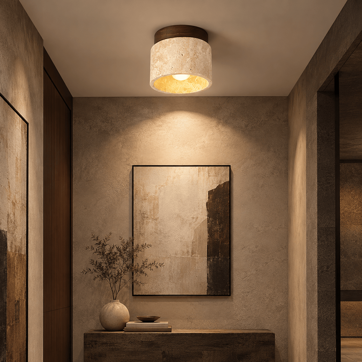 Plafonnier Rond Travertin & Bois - Maison Du Design