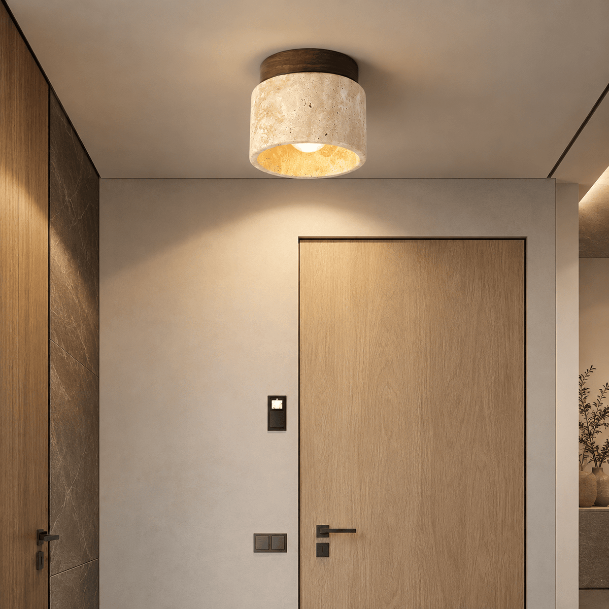 Plafonnier Rond Travertin & Bois - Maison Du Design