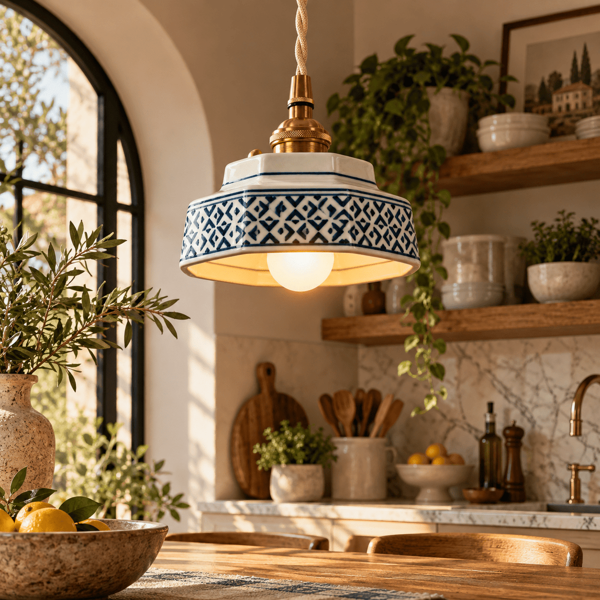 Suspension Luminaire Céramique Vintage Motifs Géométriques - Maison Du Design