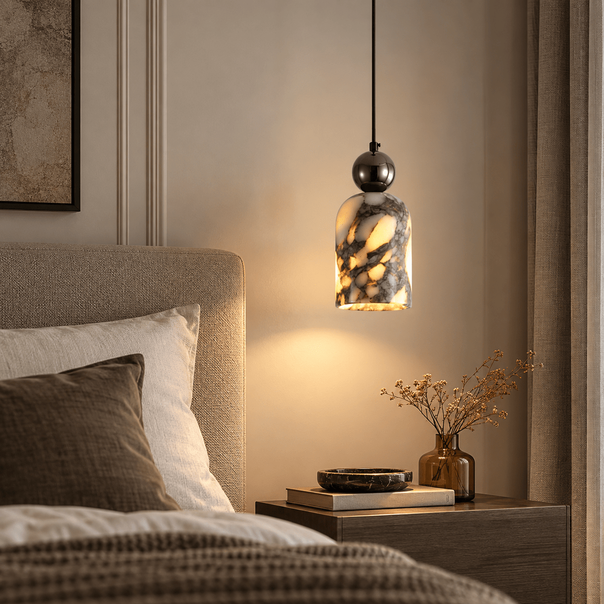 Suspension Luminaire Cloche Marbre Blanc Veiné Noir - Maison Du Design