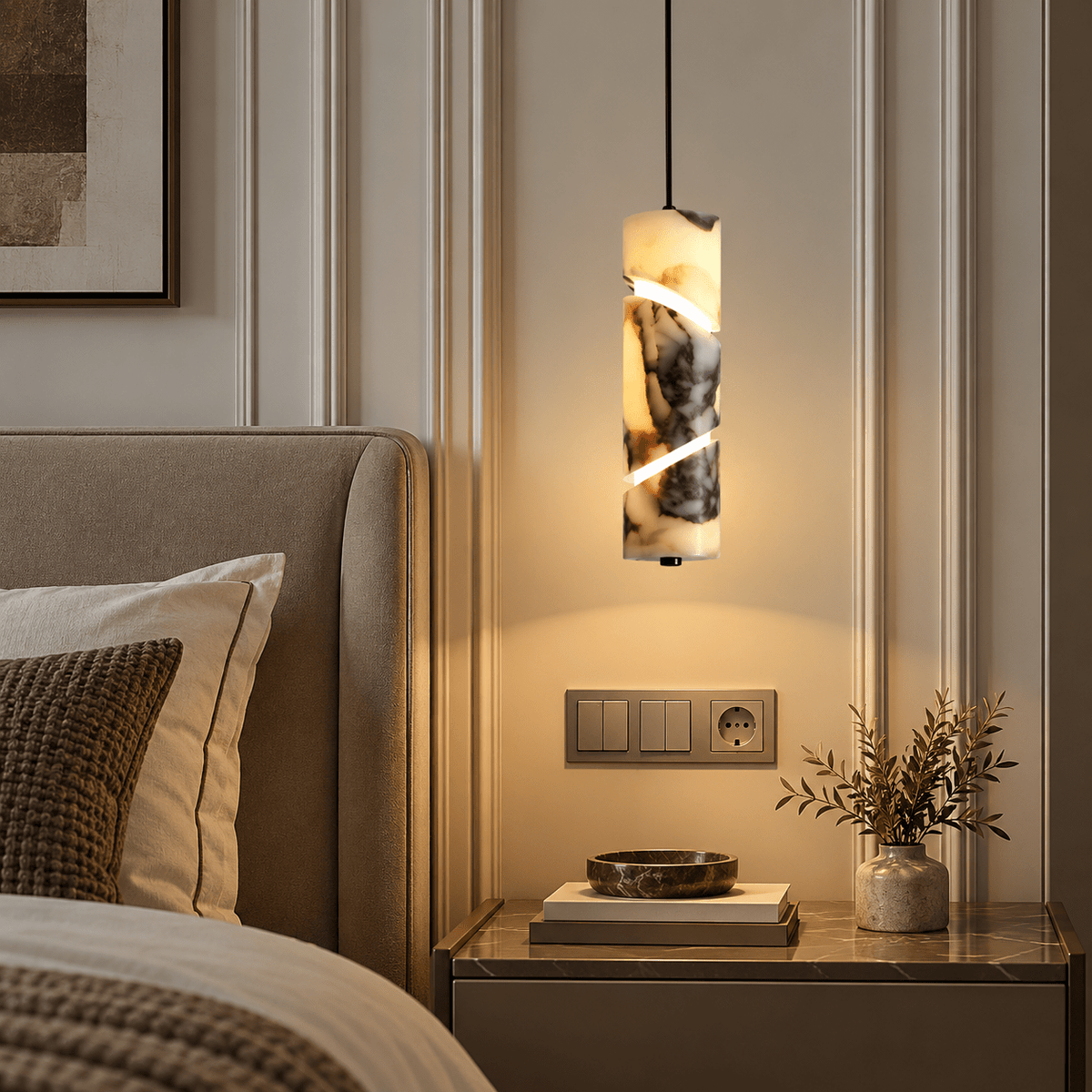 Suspension Luminaire Cylindrique Marbre Blanc Veiné Noir - Maison Du Design