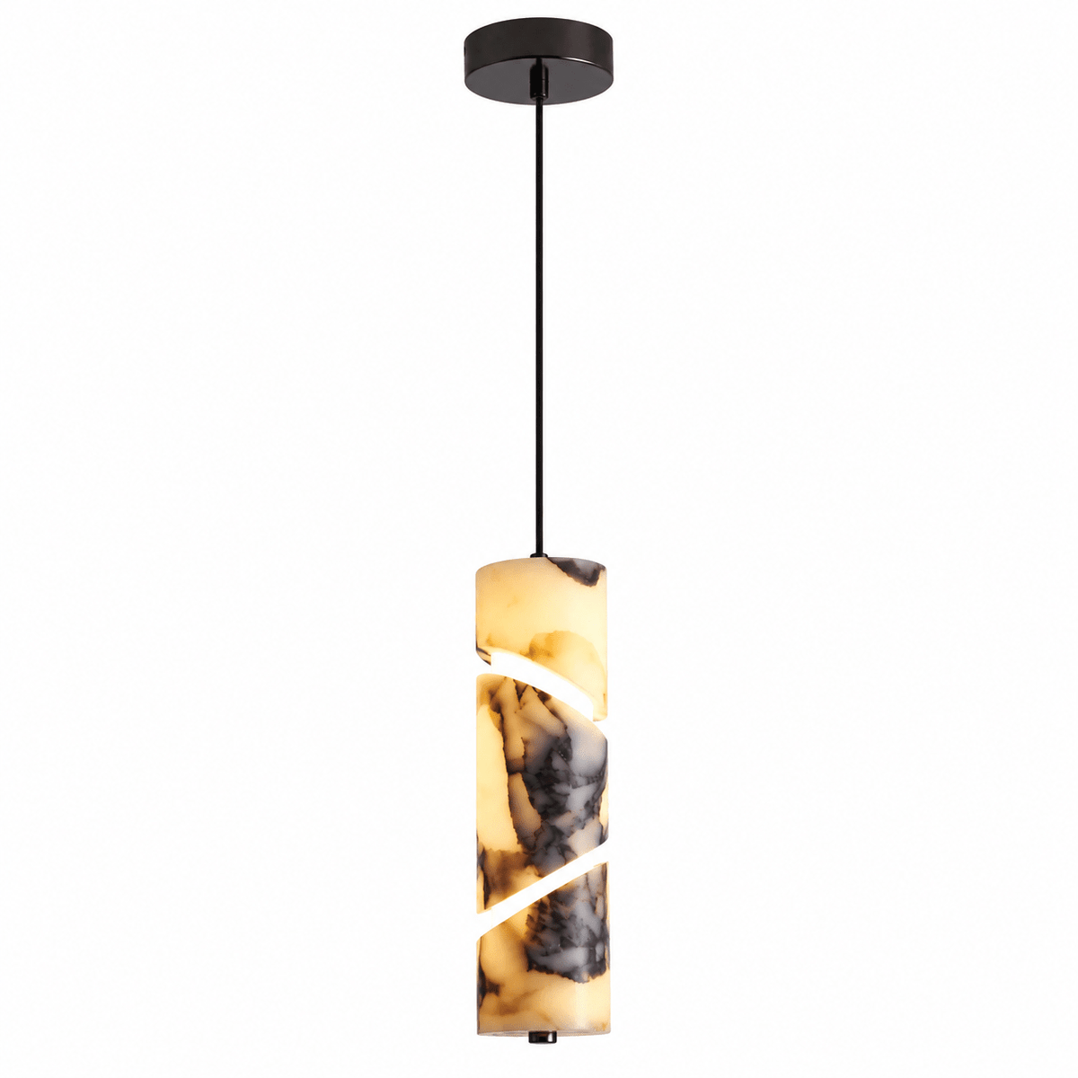 Suspension Luminaire Cylindrique Marbre Blanc Veiné Noir - Maison Du Design