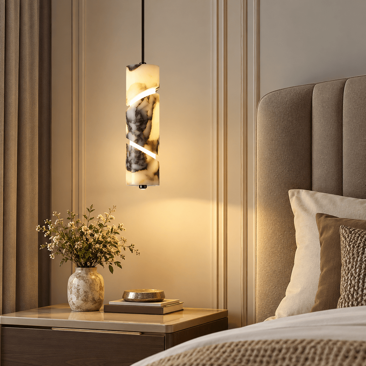 Suspension Luminaire Cylindrique Marbre Blanc Veiné Noir - Maison Du Design