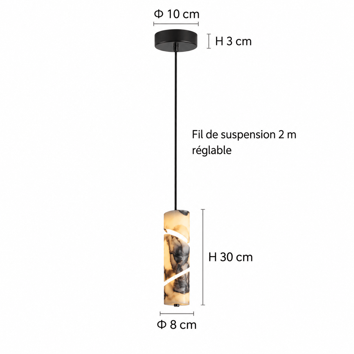Suspension Luminaire Cylindrique Marbre Blanc Veiné Noir - Maison Du Design