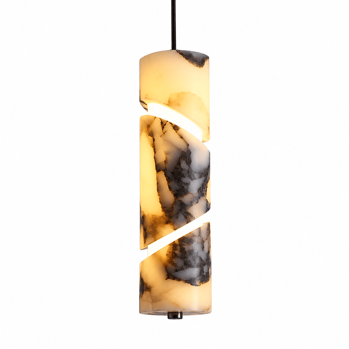 Suspension Luminaire Cylindrique Marbre Blanc Veiné Noir - Maison Du Design