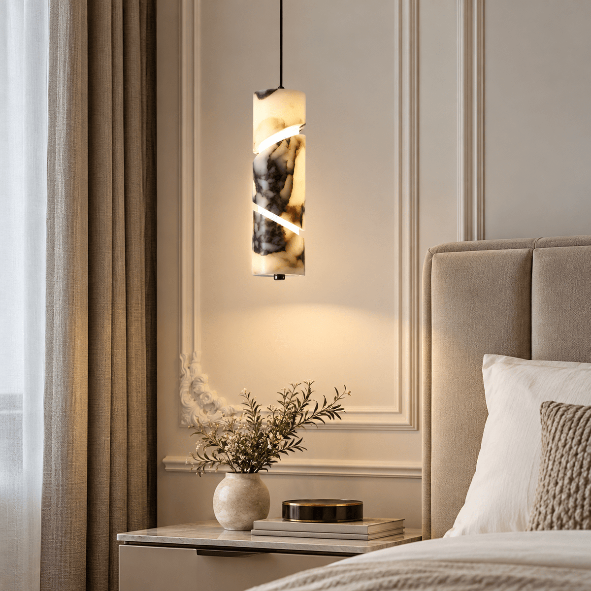 Suspension Luminaire Cylindrique Marbre Blanc Veiné Noir - Maison Du Design