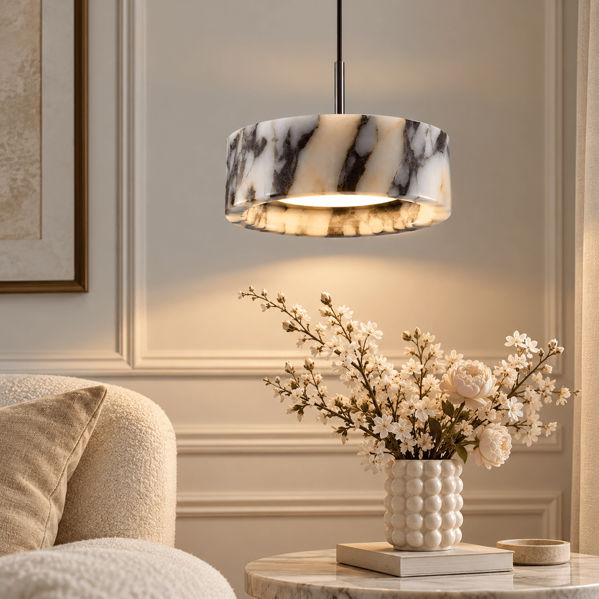 Suspension Luminaire Design Marbre Blanc Veiné Noir - Maison Du Design