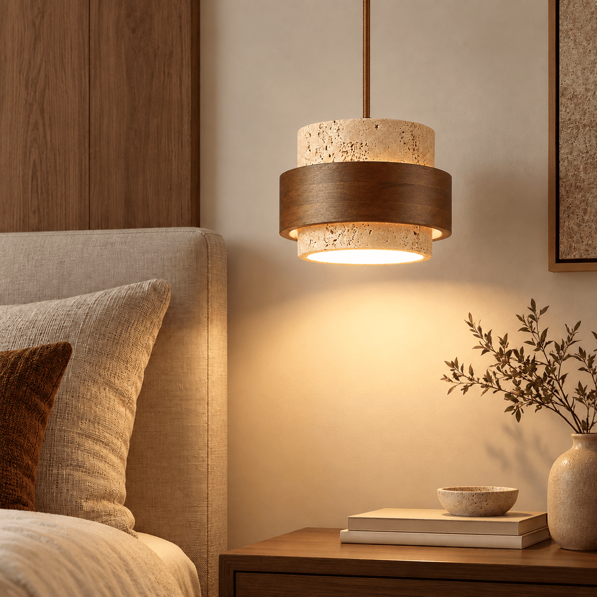 Suspension Luminaire Design Travertin & Bois - Maison Du Design