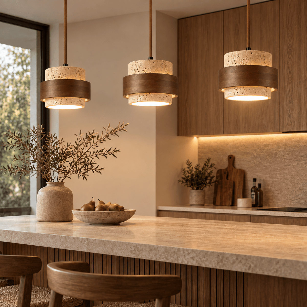 Suspension Luminaire Design Travertin & Bois - Maison Du Design