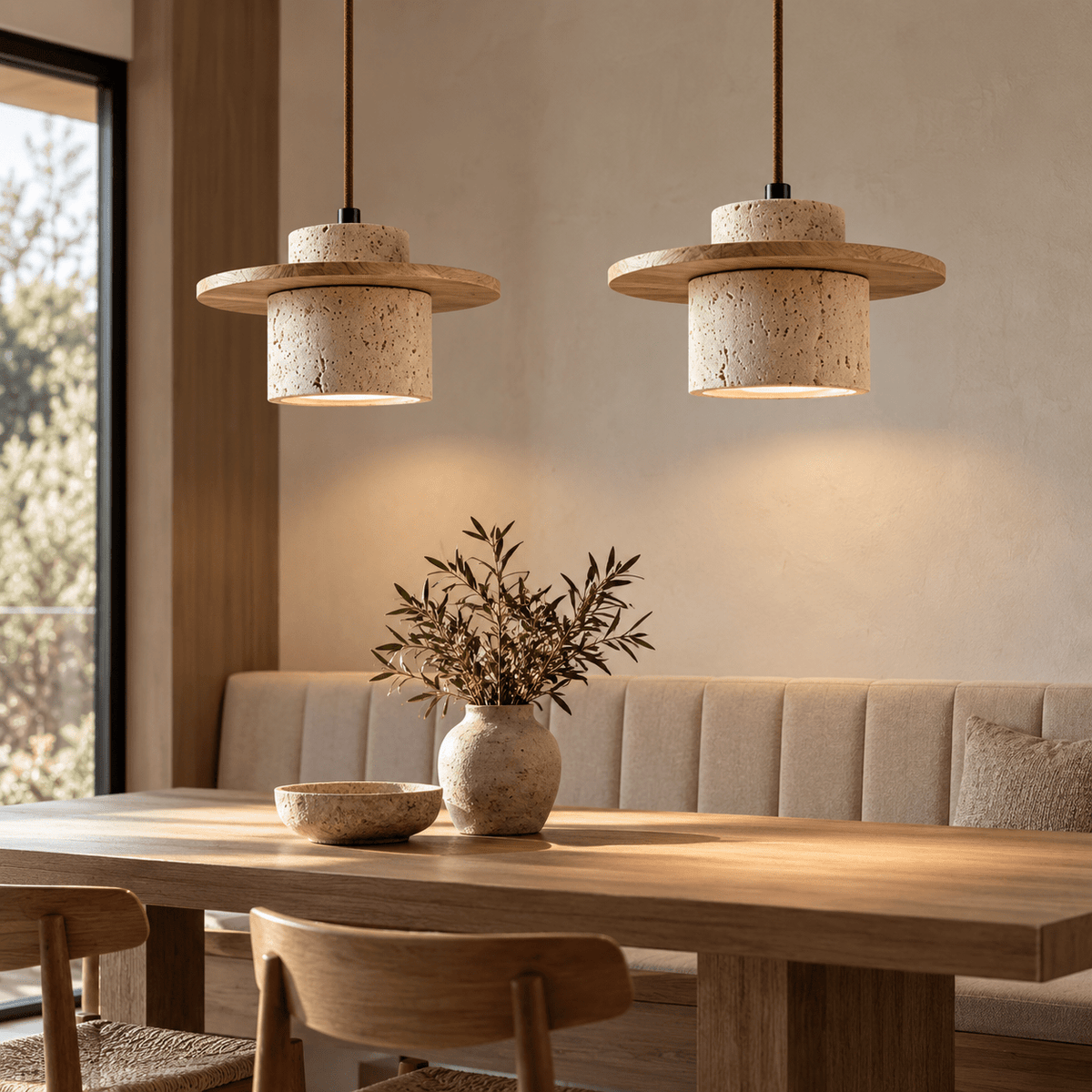 Suspension Luminaire Travertin & Bois Design Moderne - Maison Du Design