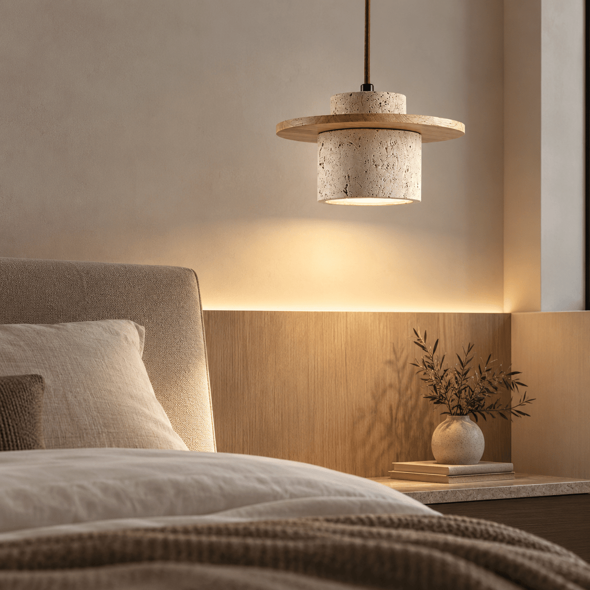 Suspension Luminaire Travertin & Bois Design Moderne - Maison Du Design