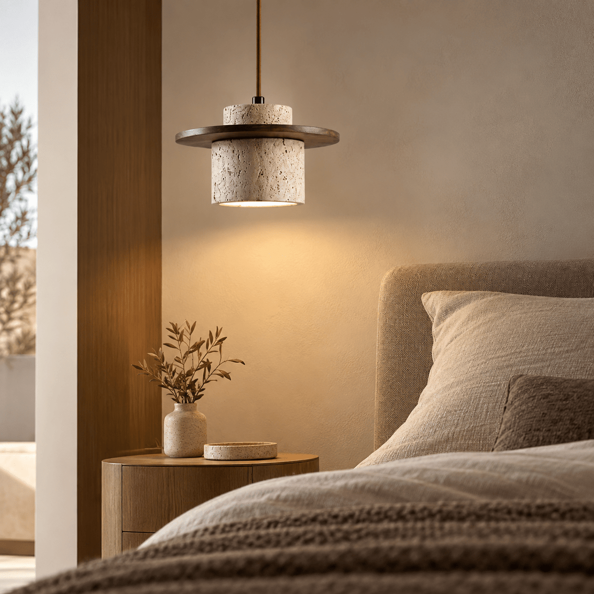 Suspension Luminaire Travertin & Bois Design Moderne - Maison Du Design