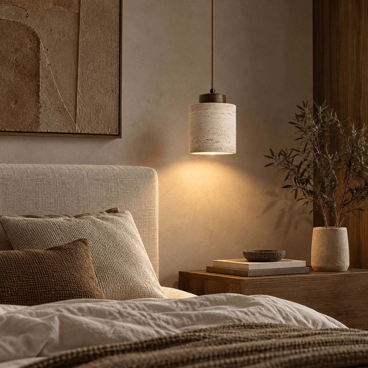 Suspension Luminaire Travertin Design Cylindrique - Maison Du Design