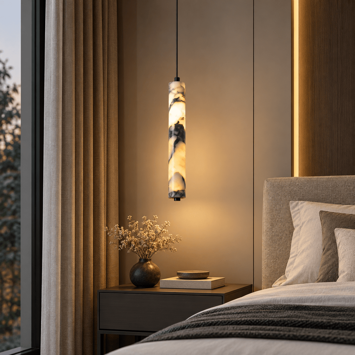 Suspension Luminaire Tubulaire Marbre Blanc Veiné Noir - Maison Du Design