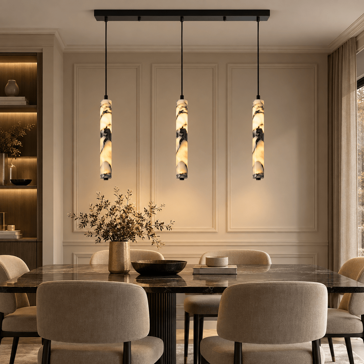 Suspension Luminaire Tubulaire Marbre Blanc Veiné Noir - Maison Du Design